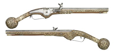 Lot 374 - **A PAIR OF HIGHLY DECORATED GERMAN WHEEL-LOCK HOLSTER PISTOLS IN 17TH CENTURY SILESIAN STYLE