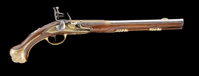 Lot 376 - AN 18 BORE LIÃˆGOIS FLINTLOCK LONG HOLSTER PISTOL RETAILED BY E. COUNA