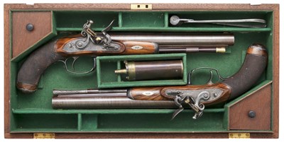 Lot 386 - A CASED PAIR OF 18 BORE RIFLED OFFICER'S PISTOLS BY DURS EGG