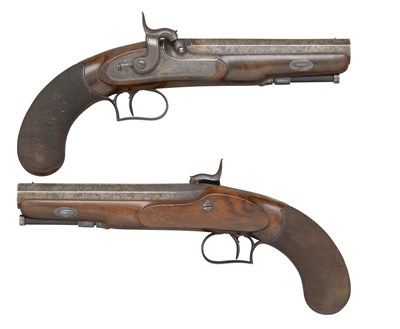 Lot 390 - A CASED PAIR OF 32 BORE PERCUSSION TRAVELLING PISTOLS BY W. MILLS