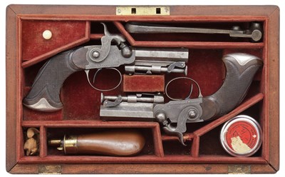 Lot 396 - A CASED PAIR OF 54 BORE IRISH POCKET PISTOLS BY MARK & JN PATTISON