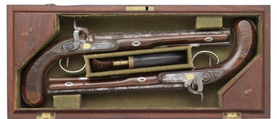 Lot 397 - A CASED PAIR OF 28 BORE SILVER-MOUNTED PERCUSSION DUELLING PISTOLS BY ROBERT WOGDON