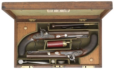 Lot 398 - A CASED PAIR OF 16 BORE PERCUSSION PISTOLS BY ROSS