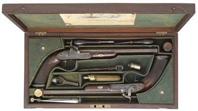 Lot 399 - A FINE CASED PAIR OF 54 BORE PERCUSSION DUELLING PISTOLS BY J. PURDEY
