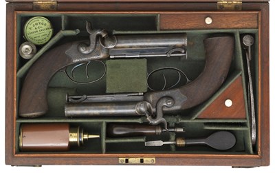 Lot 401 - A FINE CASED PAIR OF 28 BORE D.B. PERCUSSION TRAVELLING PISTOLS BY J. LANG