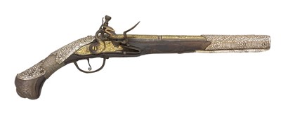 Lot 36 - A RARE 28 BORE INDIAN SILVER-MOUNTED FLINTLOCK HOLSTER PISTOL