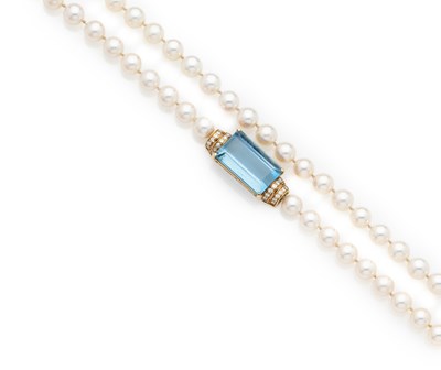 Lot 361 - CULTURED PEARL, AQUAMARINE AND DIAMOND NECKLACE