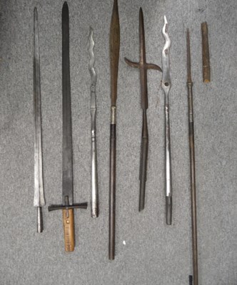 Lot 60 - TWO CHINESE HAFTED WEAPONS; TWO SOUTH EAST ASIAN SPEARS; A SUDANESE KASKARA