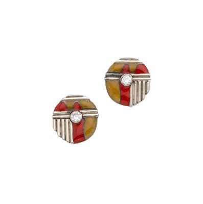 Lot 372 - PAIR OF GOLD, ENAMEL AND DIAMOND EAR STUDS, 1988