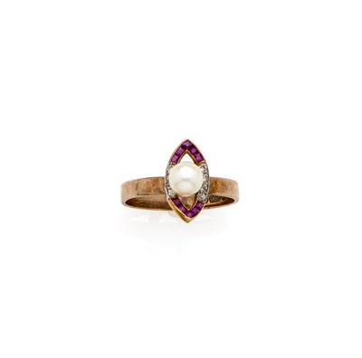 Lot 339 - CULTURED PEARL, RUBY AND DIAMOND RING, 1973