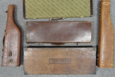 Lot 159 - A DOUBLE LEATHER GUN CASE FOR GREENER SHOTGUNS AND FOUR FURTHER CASES