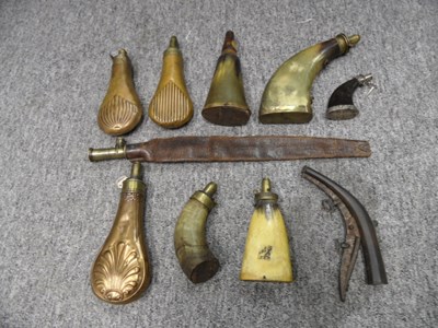 Lot 162 - A SILVER-MOUNTED HORN FLASK DATED 1796; A BRASS-MOUNTED COWHORN FLASK; A LEATHER BANDOLIER BY DIXON
