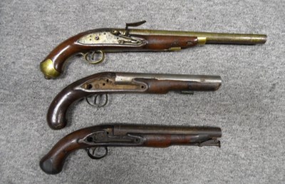 Lot 211 - A FLINTLOCK MILITARY PISTOL AND THE BARRELS AND STOCKS OF TWO FURTHER MILITARY PISTOLS
