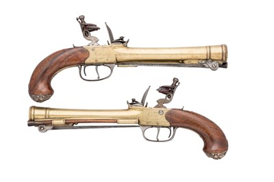 Lot 277 - A FINE AND RARE PAIR OF SILVER-MOUNTED WATERS PATENT FLINTLOCK BOX-LOCK  BLUNDERBUSS PISTOLS BY WATE