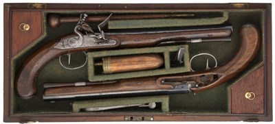 Lot 280 - A CASED PAIR OF 40 BORE FLINTLOCK DUELLING PISTOLS BY WOGDON
