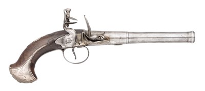 Lot 281 - AN 18 BORE IRISH SILVER-MOUNTED FLINTLOCK TURN-OFF PISTOL BY RANSFORD
