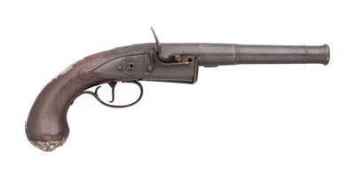 Lot 286 - A 20 BORE FLINTLOCK TURN-OFF PISTOL BY JUNIUS HIGGINBOTHAM