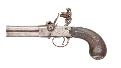 Lot 297 - A 54 BORE SILVER-MOUNTED OVER-AND-UNDER FLINTLOCK TAP-ACTION PISTOL BY GRICE