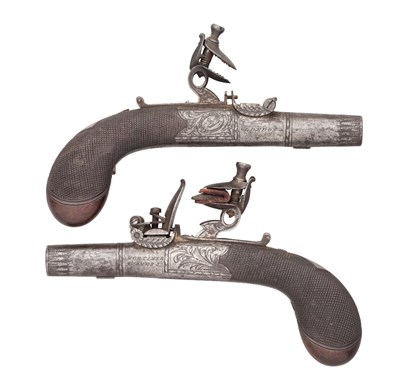 Lot 300 - A PAIR OF 140 BORE FLINTLOCK MUFF PISTOLS BY MORTIMER