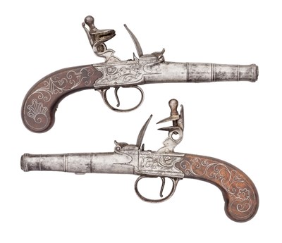 Lot 303 - A PAIR OF 54 BORE FLINTLOCK TURN-OFF PISTOLS SIGNED JOHNS
