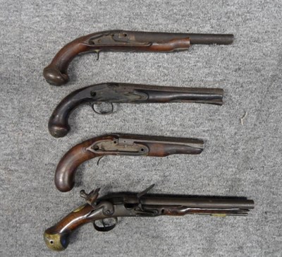 Lot 322 - THE BARRELS AND STOCK OF THREE ENGLISH PISTOLS AND A PISTOL SIGNED CLARKSON