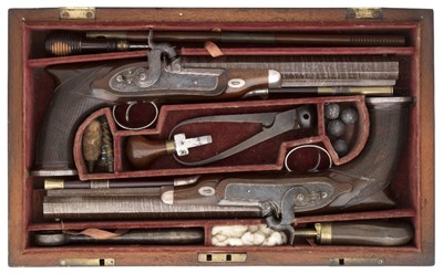 Lot 326 - A FINE PAIR OF .750 CALIBRE SILVER-MOUNTED PERCUSSION RIFLED OFFICER'S PISTOLS BY HORSFALL