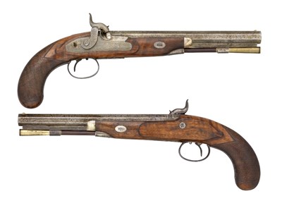 Lot 332 - A PAIR OF 42 BORE PERCUSSION DUELLING PISTOLS BY SMITH