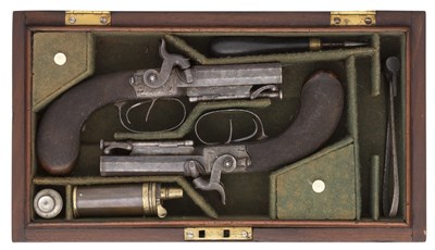 Lot 341 - A CASED PAIR OF 80 BORE D.B. PERCUSSION TRAVELLING PISTOLS BY MORTIMER