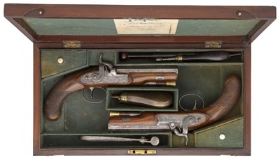 Lot 343 - A CASED PAIR OF 16 BORE PERCUSSION TRAVELLING PISTOLS BY WESTLEY RICHARDS