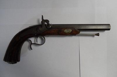 Lot 350 - A 22 BORE BELGIAN PERCUSSION RIFLED TARGET PISTOL RETAILED BY WITTON & DAW
