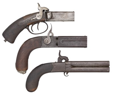 Lot 351 - A 100 BORE PERCUSSION OVER-AND-UNDER TRAVELLING PISTOL BY SAMUEL & CHARLES SMITH