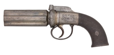 Lot 358 - A 60 BORE SIX-SHOT PERCUSSION BAR-HAMMER PEPPERBOX REVOLVER BY REILLY