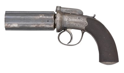 Lot 359 - A 60 BORE SIX-SHOT PERCUSSION BAR-HAMMER PEPPERBOX REVOLVER BY CLOUGH