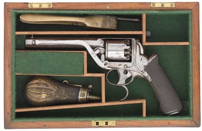 Lot 377 - A CASED A 80 BORE TRANTER PATENT FIRST MODEL SELF-COCKING FIVE-SHOT PERCUSSION REVOLVER RETAILED BY