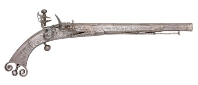 Lot 424 - A FINE 22 BORE SCOTTISH FLINTLOCK BELT PISTOL FORMED ENTIRELY OF STEEL