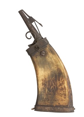 Lot 480 - A GERMAN ENGRAVED COWHORN POWDER-FLASK