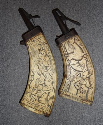 Lot 482 - TWO GERMAN ENGRAVED COWHORN POWDER-FLASKS