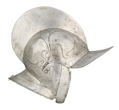 Lot 534 - A GERMAN BURGONET WITH EMBOSSED DECORATION IN THE 'BLACK AND WHITE' FASHION