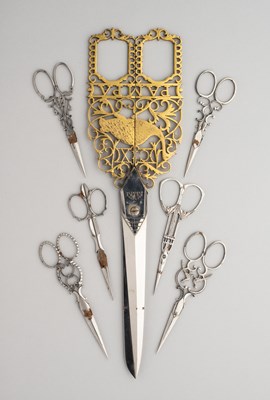 Lot 671 - A DECORATED PAIR OF SCISSORS FOR EXHIBITION, LOCKWOOD BROTHERS, SECOND HALF OF THE 19TH CENTURY AND SIX SMALLER DECRATED SCISSORS