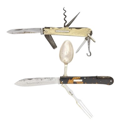 Lot 640 - A CAMPAIGN CUTLERY SET, MID-19TH CENTURY AND A POCKET KNIFE, 19TH CENTURY