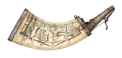 Lot 653 - A GERMAN ENGRAVED COW HORN POWDER-FLASK
