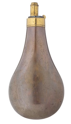 Lot 655 - A LARGE LACQUERED COPPER POWDER-FLASK FOR A SPORTING GUN BY G. & J.W. HAWKSLEY