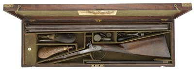 Lot 675 - A CASED 18 BORE D.B. PERCUSSION SPORTING GUN BY WILKINSON & SON