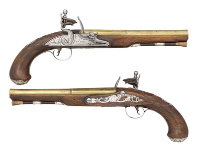 Lot 686 - A PAIR OF 20 BORE SILVER-MOUNTED FLINTLOCK HOLSTER PISTOLS BY I. PRATT
