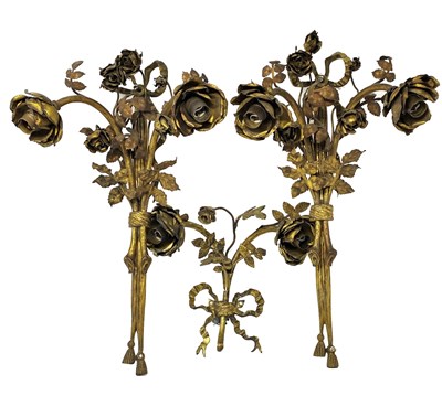 Lot 77 - â–¡ A SET OF THREE GILT-METAL ELECTRIC WALL SCONCES