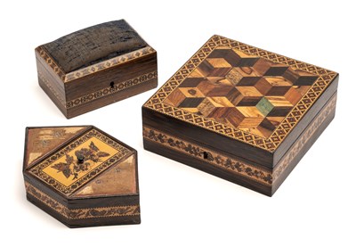 Lot 80 - THREE 'TUNBRIDGE WARE' BOXES, MID 19TH CENTURY