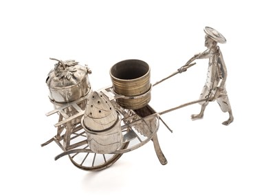 Lot 87 - A CHINESE SILVER 'DRAGON' CIGAR LIGHTER AND A CONDIMENT 'CART'