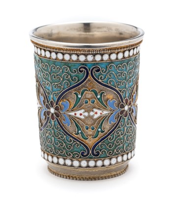 Lot 89 - A RUSSIAN CLOISONNE ENAMELLED SILVER-GILT VODKA BEAKER, VASILIY ANDREEV, MOSCOW, 1886