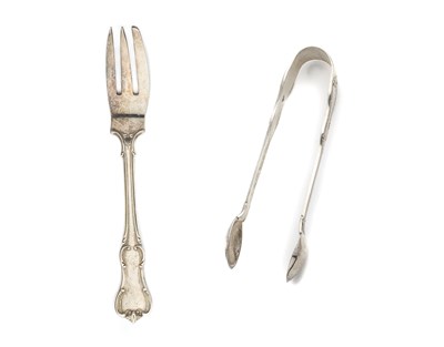 Lot 131 - A SET OF TEN SILVER CAKE FORKS AND A PAIR OF SUGAR TONGS