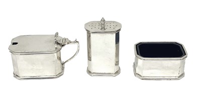 Lot 137 - AN ART DECO SILVER THREE-PIECE CONDIMENT SET